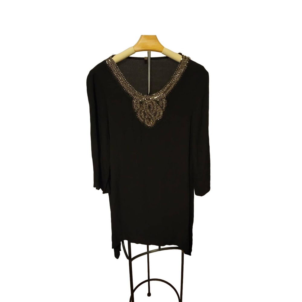 XCVL Black Sheer Tunic Shirt with beading at neckline Womens Small
